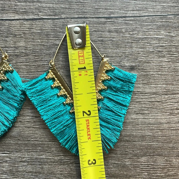 Boho Turquoise Gold Tassel Fringe Filigree Drop Wire Earrings - Picture 5 of 6